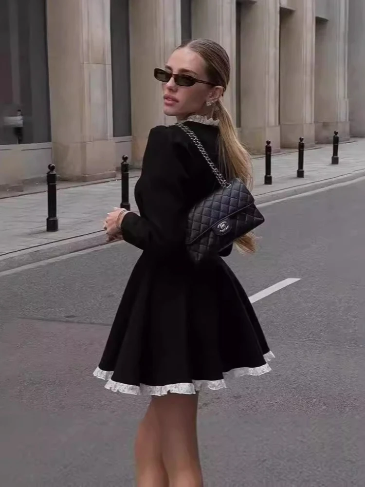 HOUZHOU Schwarzes, mit Spitze besetztes, langärmliges Damen-Freizeitkleid für Frühling und Herbst, elegantes, tailliertes, schlankmachendes Strick-Minikleid mit hoher Taille