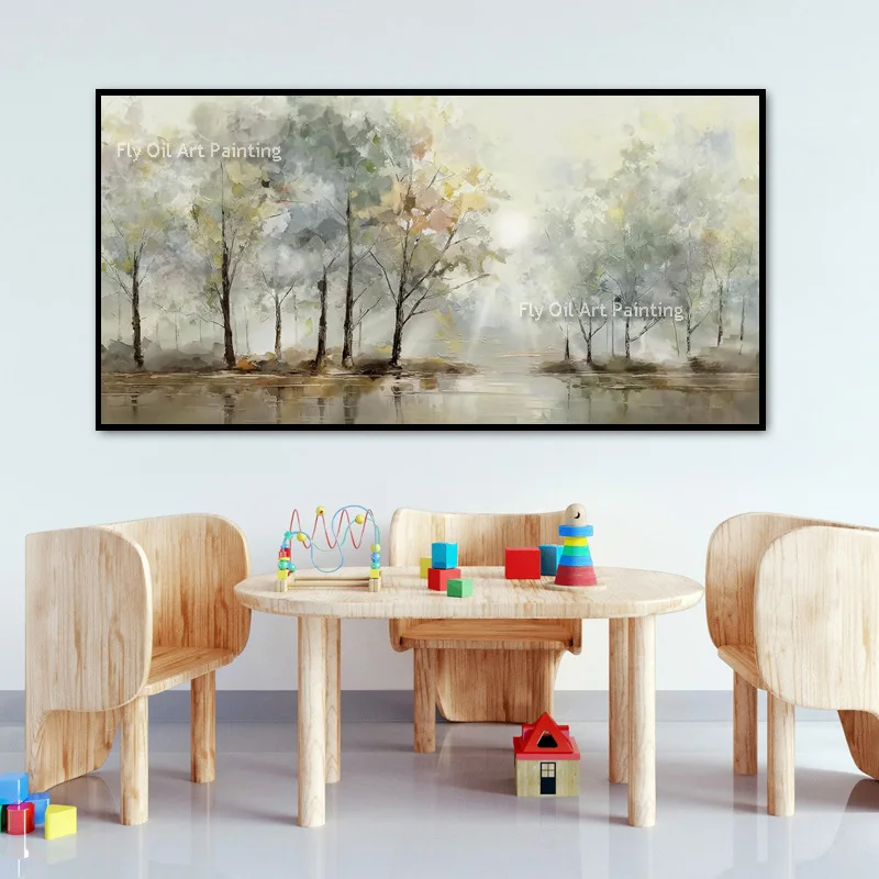 Large Green Brown Forest Landscape Modern Oil Painting On Canvas New Hand Drawn Pink Yellow Flowers Fields Wall Art Decor Items