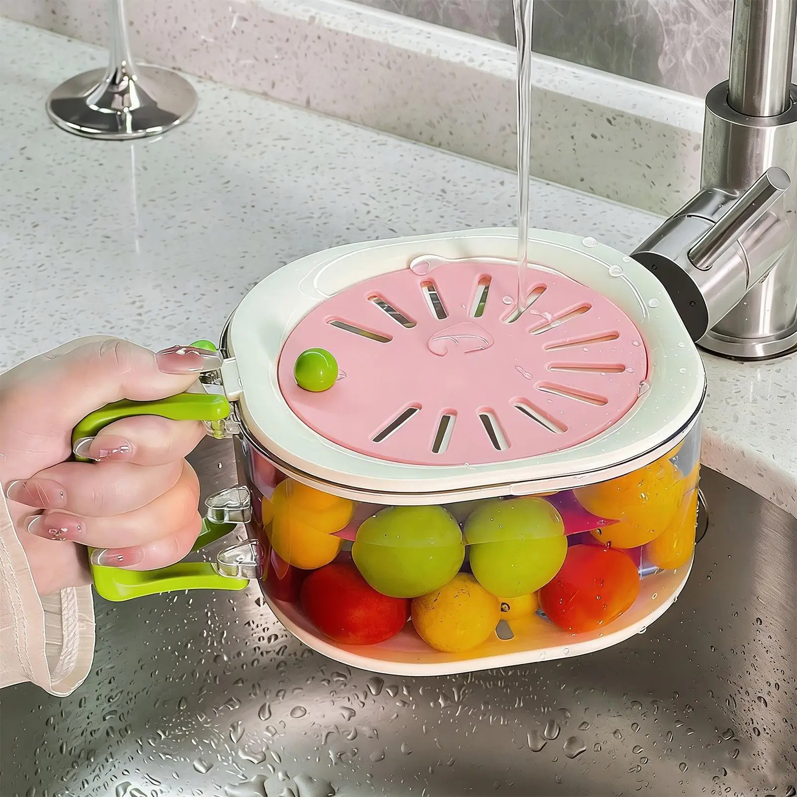 2 in 1 Double Layer Fruit Washing Bowl Drain Basket Fruit Drainer Container Foldable Handle Food Fruit Plate Strainer Bowl