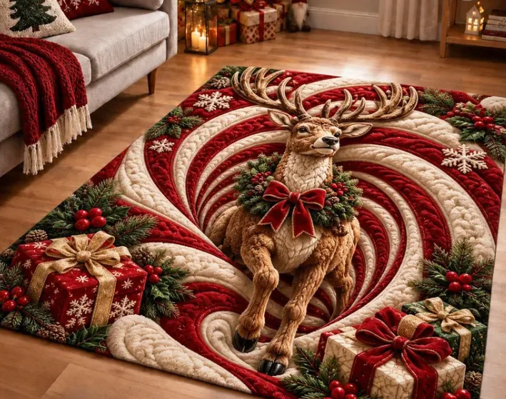 3D Reindeer Christmas Area Rug Peppermint Swirl Runner Rug Winter Gift Box Kitchen Mat Festive Doormat Christmas Gift Home Decor