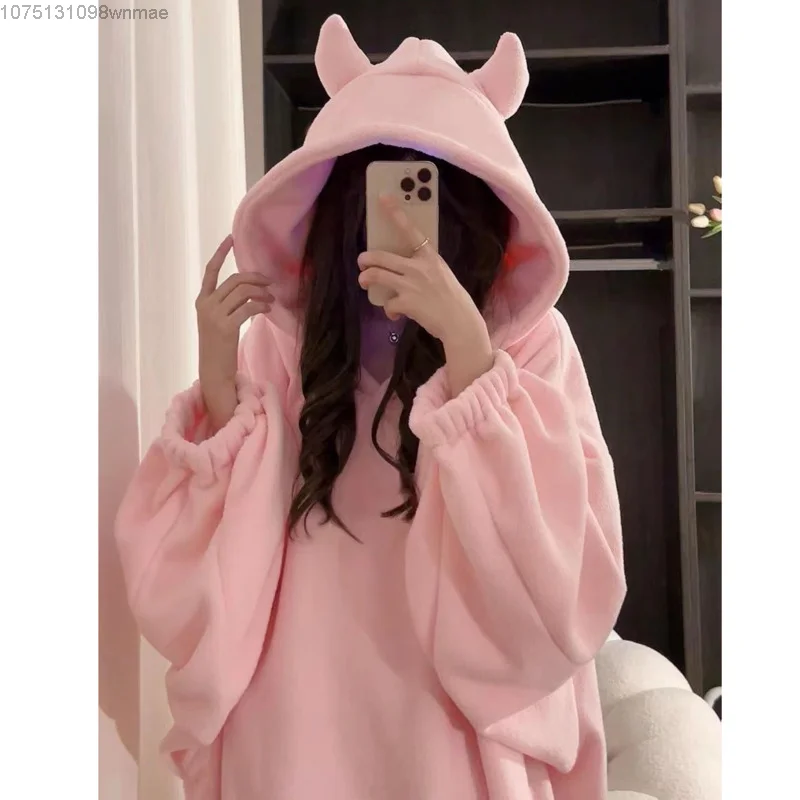 Pink Hooded Coral Velvet Pajamas for Women, Cute Little Devil Nightgowns, Plush and Thick, Loose Home Clothes, Winter Robe, New,