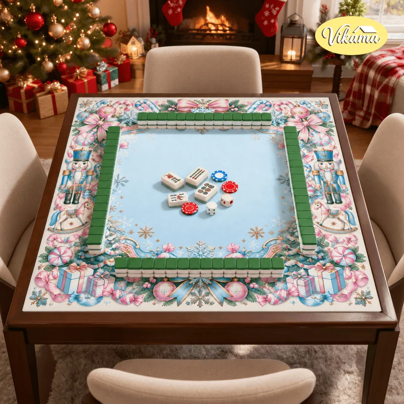 VIKAMA Poinsettia Flower Christmas Mahjong Mat Blue Pink Xmas Game Cover Nutcracker Tree Snowflake Square 4 Player Family Game