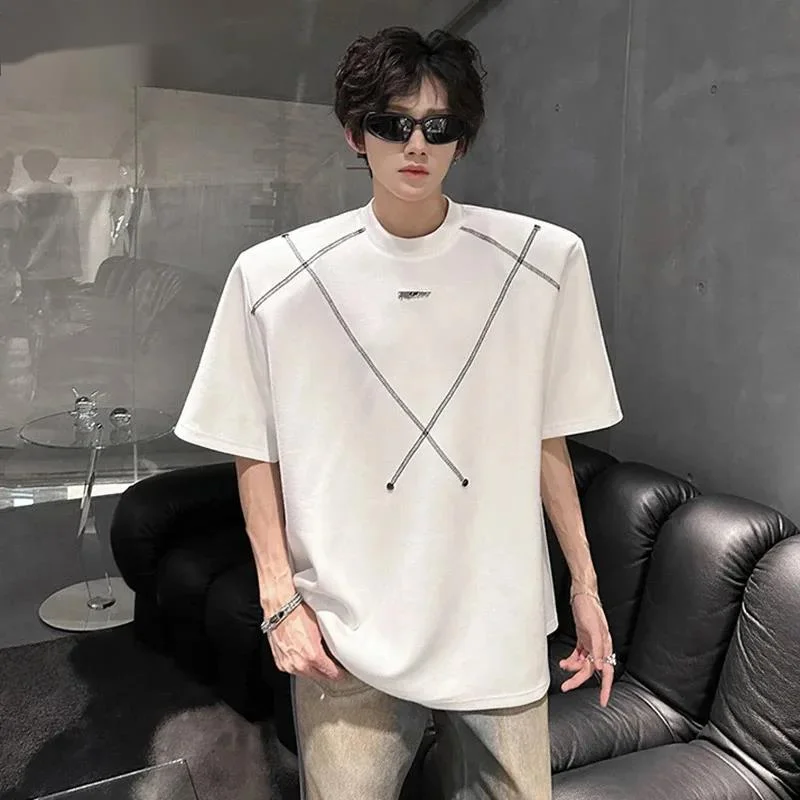 Summer Trendy Men's T-shirt Shoulder Pad Design American Style Loose Metal Decoration Short Sleeve Casual Male Tees CDFR5