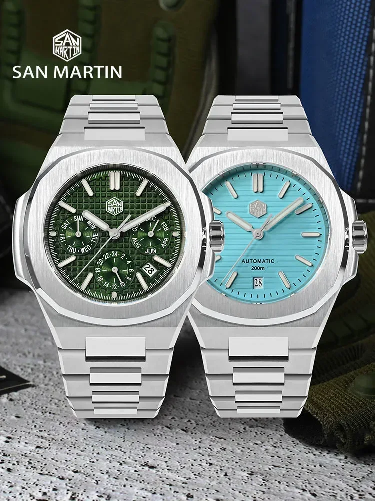 San Martin 43mm Miyota 9120 Multi-function Men Luxury Dress Watch Waffle Texture Dial Business Automatic Mechanical 10Bar BGW-9