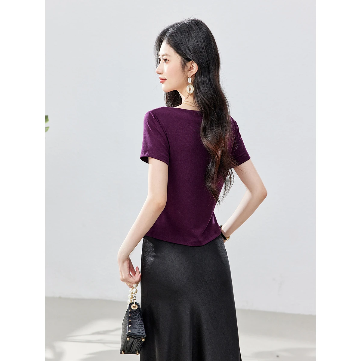 VIMLY Cowl Neck Short Sleeve Tee for Women 2026 Summer Off Shoulder Lightweight T-shirt Ruched Waist Slim Fit Cropped Top A6671