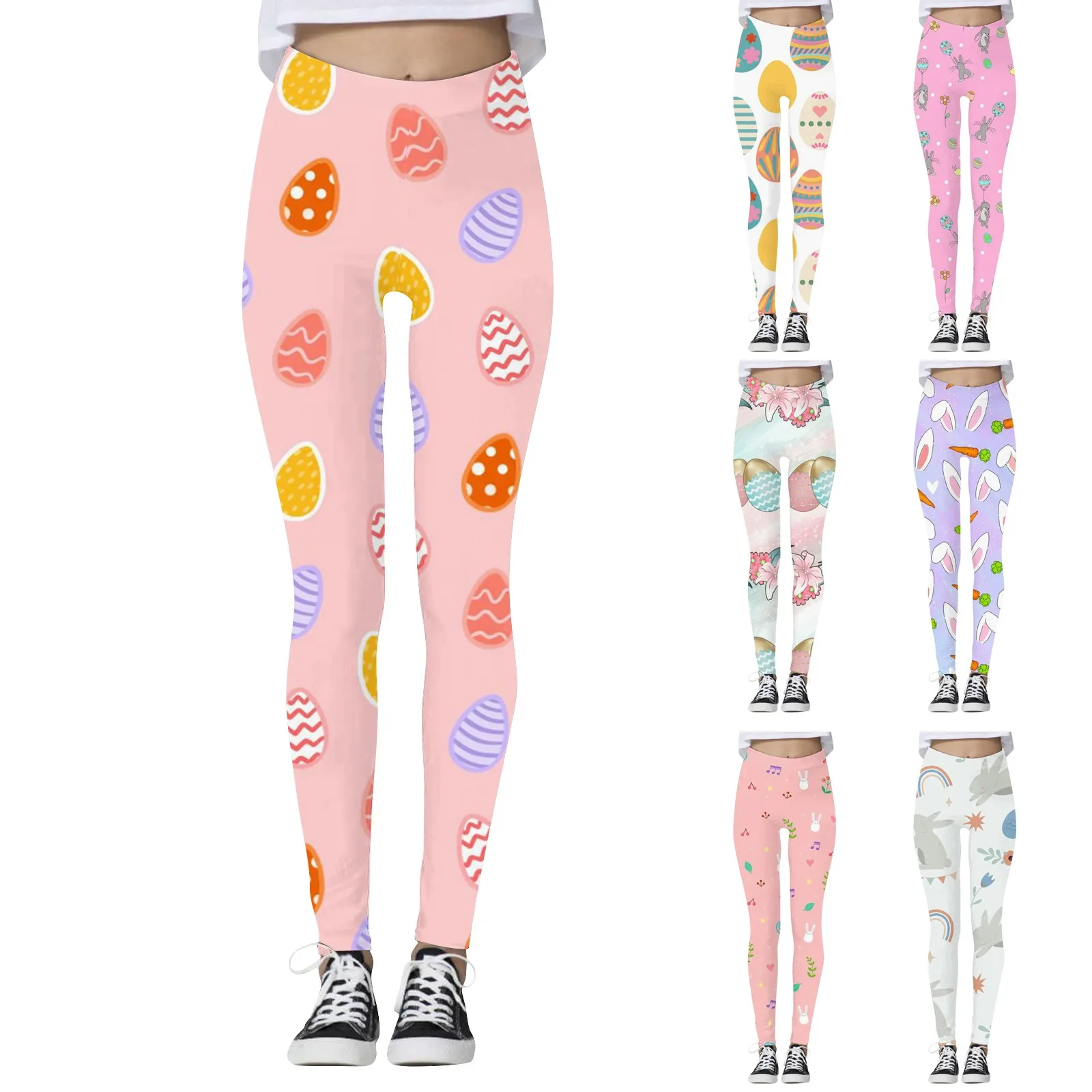 Elastic Waist Slim Fit Fitness Nine Minute Pants Women's Elastic Yoga Pants Casual Fashion Trend Cartoon Easter Print Leggings