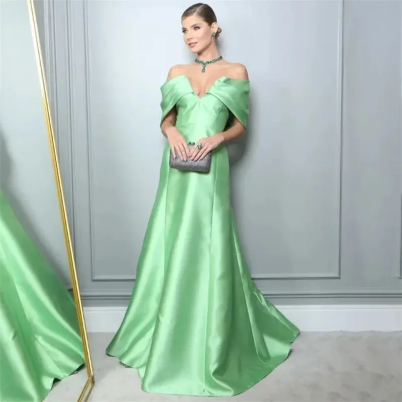 

Fluorescent Green Simple Satin Off Shoulder Sleeveless New Sweetheart Neck A-Line Zipper Back Party Prom Gowns Formal Occassion