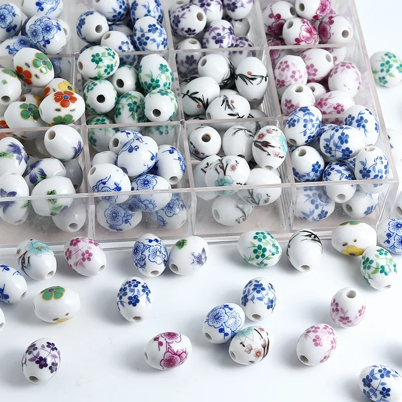3/8Pcs Mix Cute Ceramic Glazed Vase Teacup Loose Beads For Jewelry Making Hand painted Flower Patterns Oval Bead Wholesale Bulk