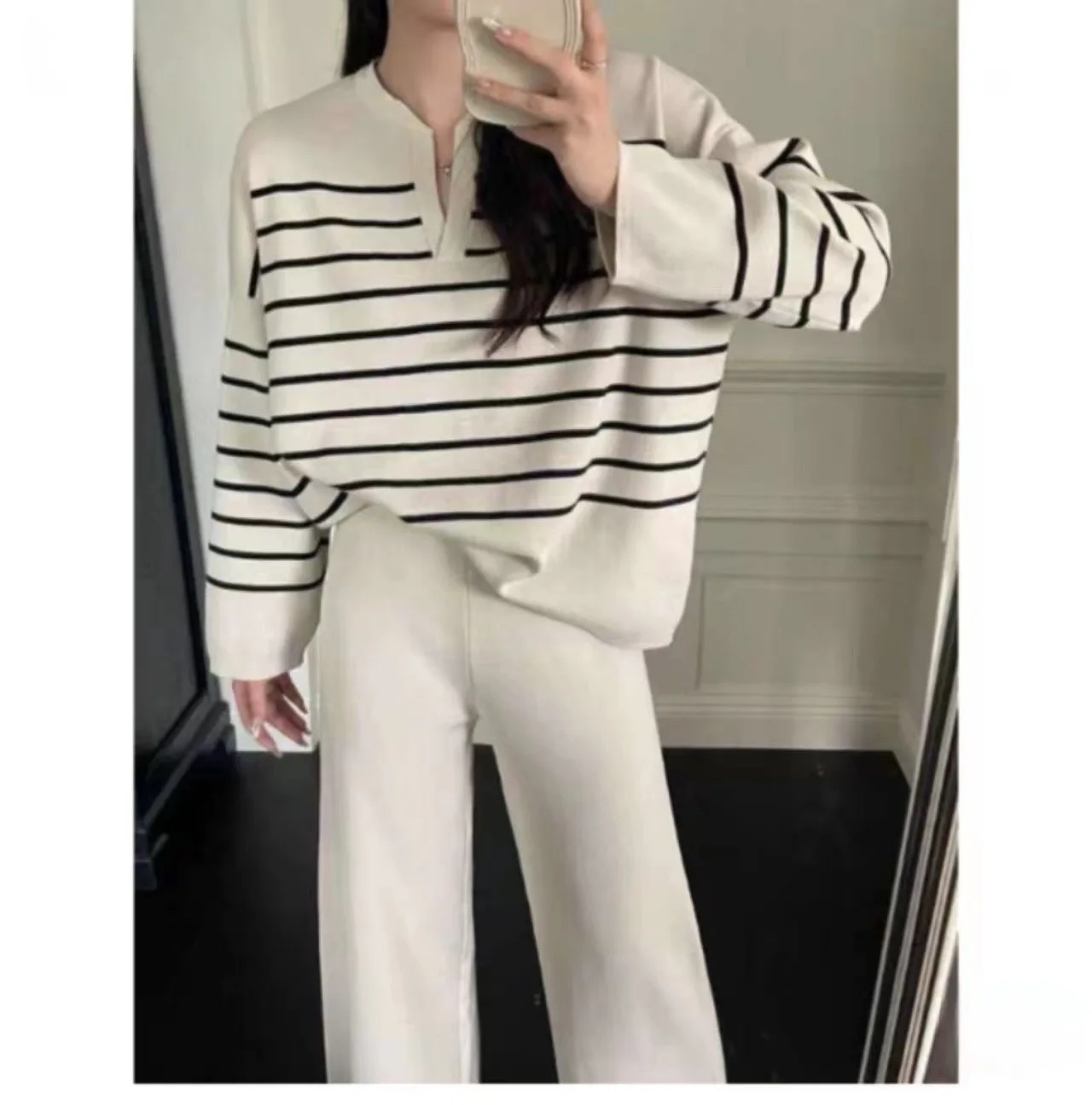 Women's Sweater Matching Set Winter New In Stripe Knit Pullover Long Sleeve Top Wide Leg Pants Set Casual Elegant Women's Sets