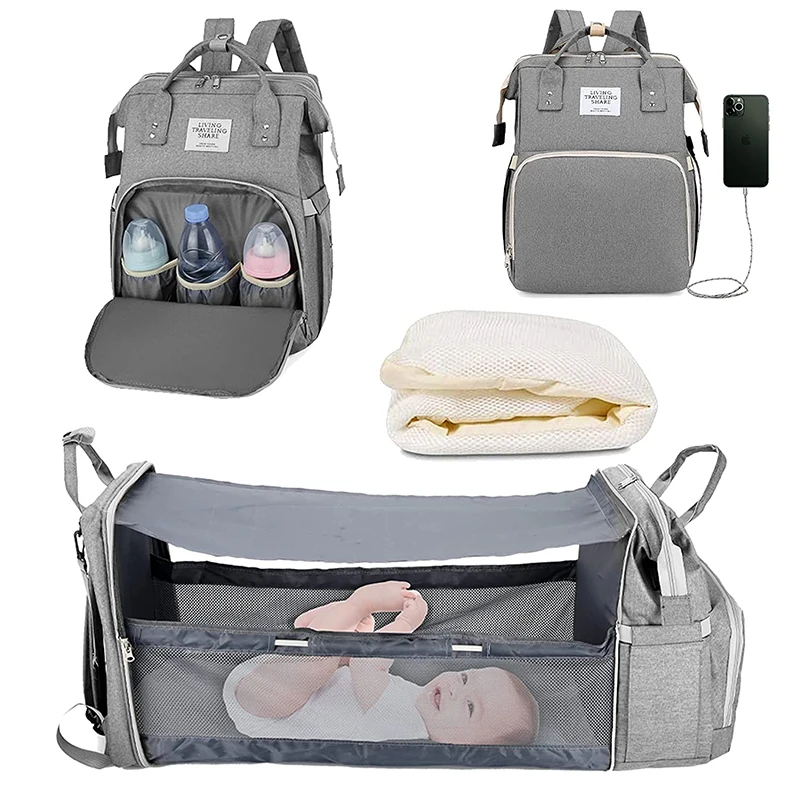 

Fashionable Mommy Bag Folding Baby Bed Mother Large Capacity Portable Milk Bottle Diaper Double Shoulder Mom's Bag