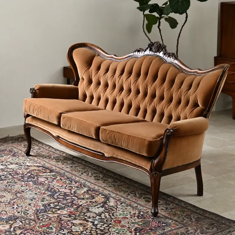 Medieval Solid Wood Carved 3 Seater Sofa American Fabric Tufted Button High Back Double Couch for Studio Club Living Room