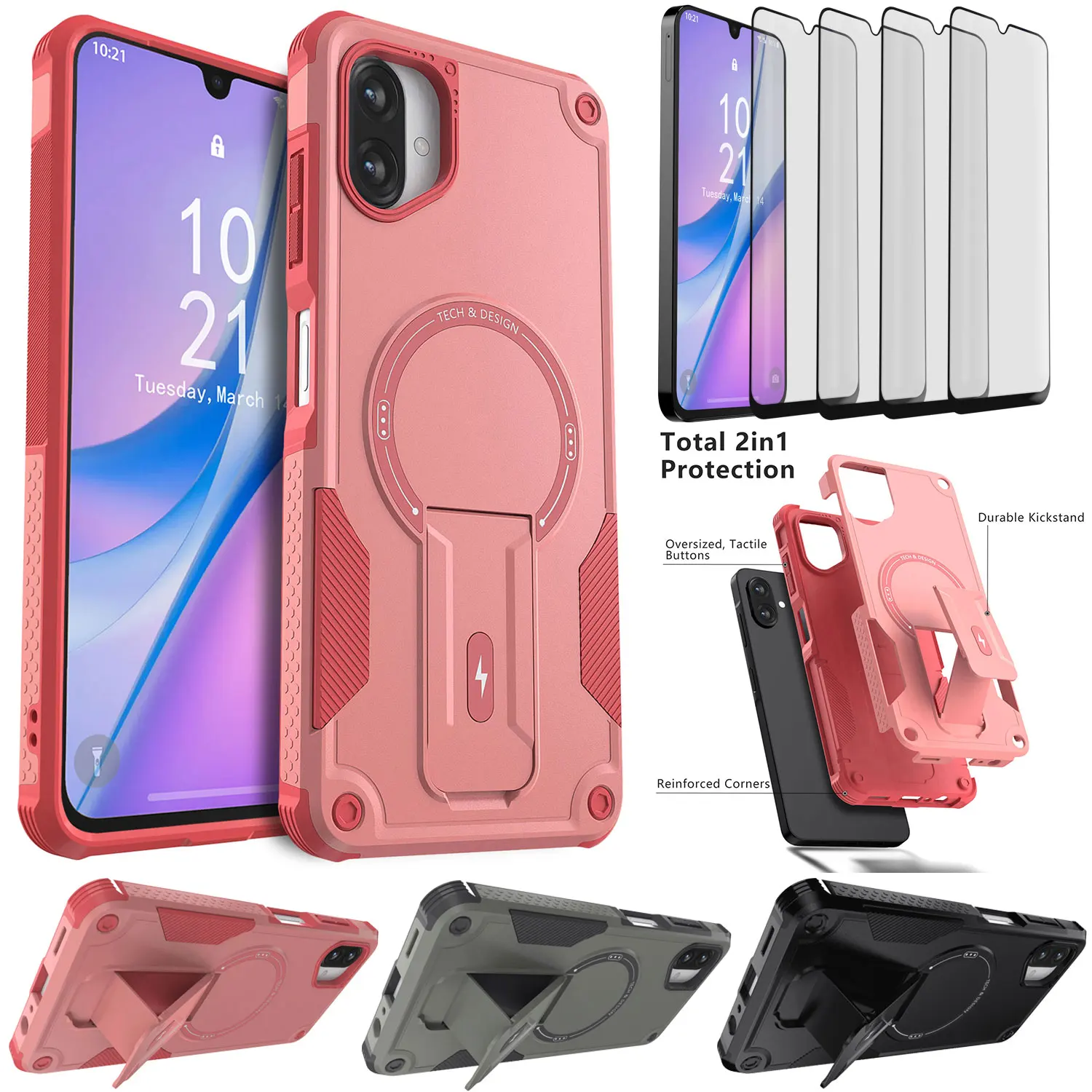 

Для Samsung Galaxy A07 Магнитный противоударный чехол-подставка-держатель + цепочка для телефона + 4 шт. прозрачное закаленное стекло для защиты экрана