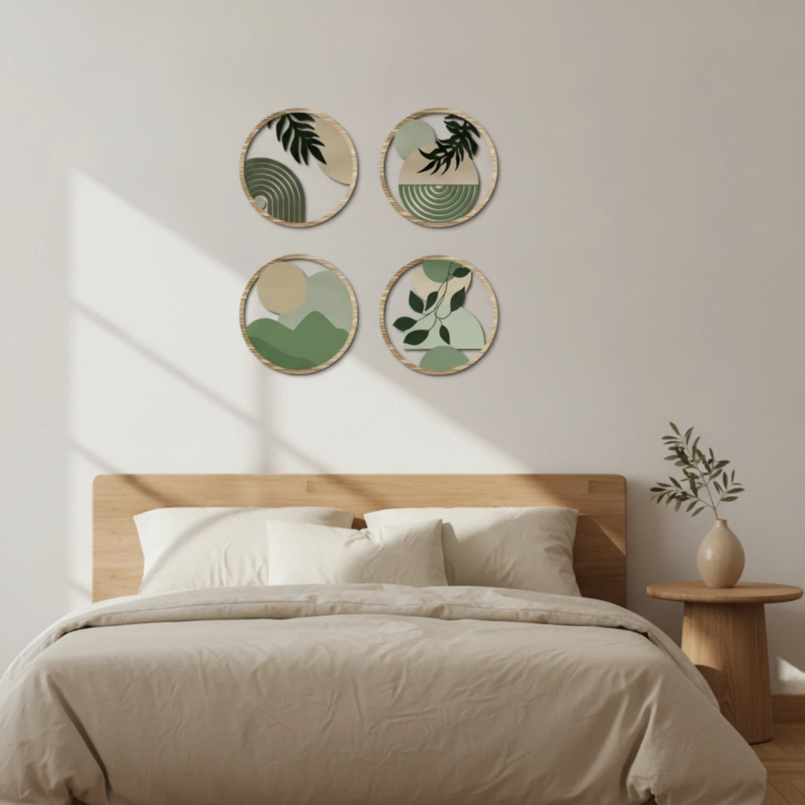 4 Pieces Round Wall Plaque Mid-Century Wooden Wall Plaque Hanging Sign Decorative Printed for Living Room, Bedroom