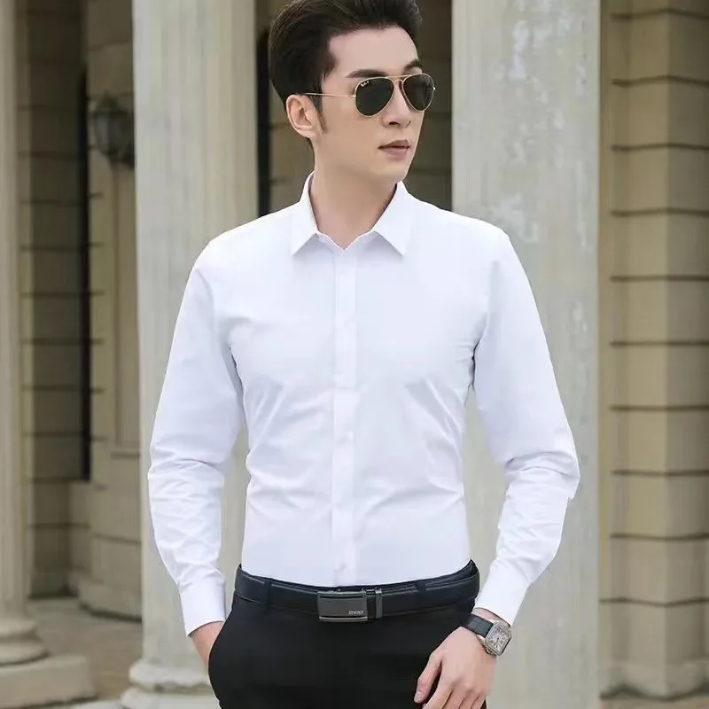 

White Slim Fit Long Sve Men's irt Trendy Korean Sle Busin Pure Color Haome Top for Spring Autumn Polyester Fiber