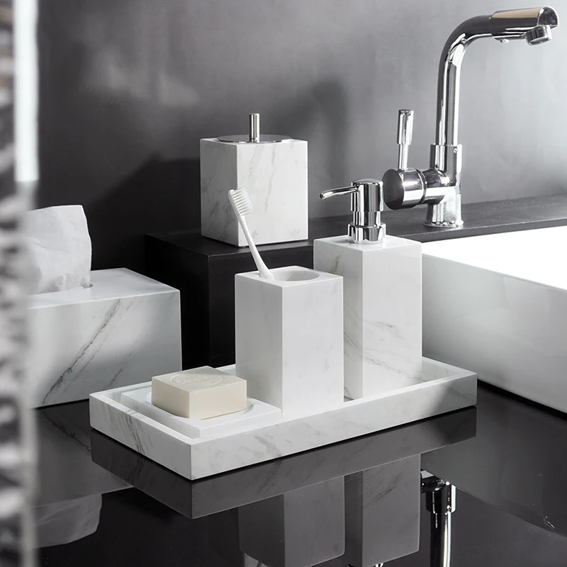 Volakos White Natural Marble Bathroom Accessories Sets Soap Dispenser Soap Dish Toilet Brush Tissue Box Vase Tray Kit Bathroom