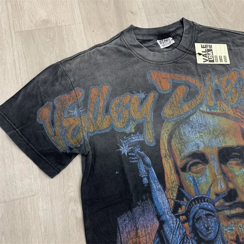 

Oversized Black Tie-dye VALLEY T Shirts Men Women Vintage Goddess Statue Print Vale Short Sleeves Top Tees