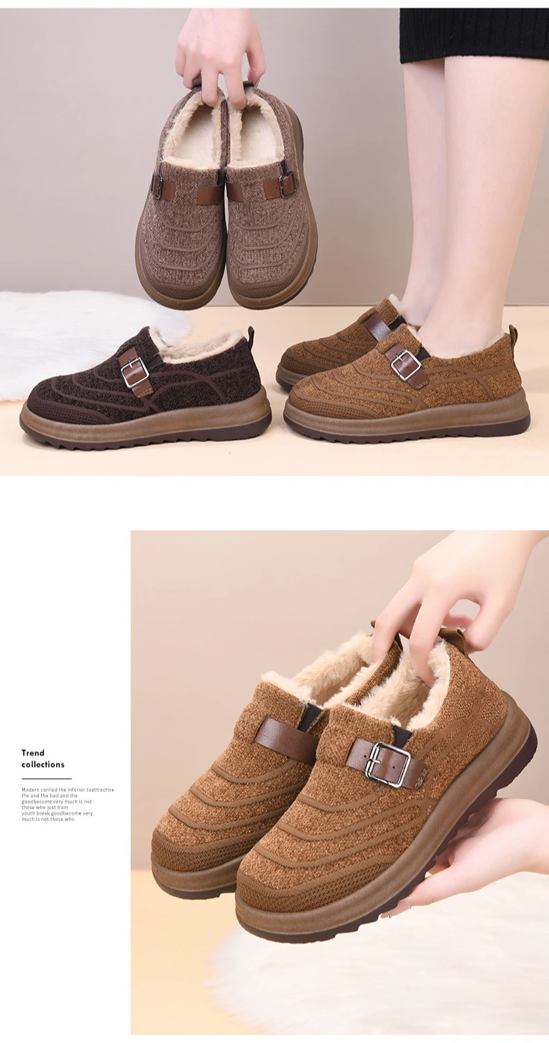 Damen-Winter-Loafer mit Fleecefutter, warme Slipper aus Strickstoff, rutschfeste Freizeitschuhe mit Schnallenriemen und dicker Plattformsohle – Detail 11