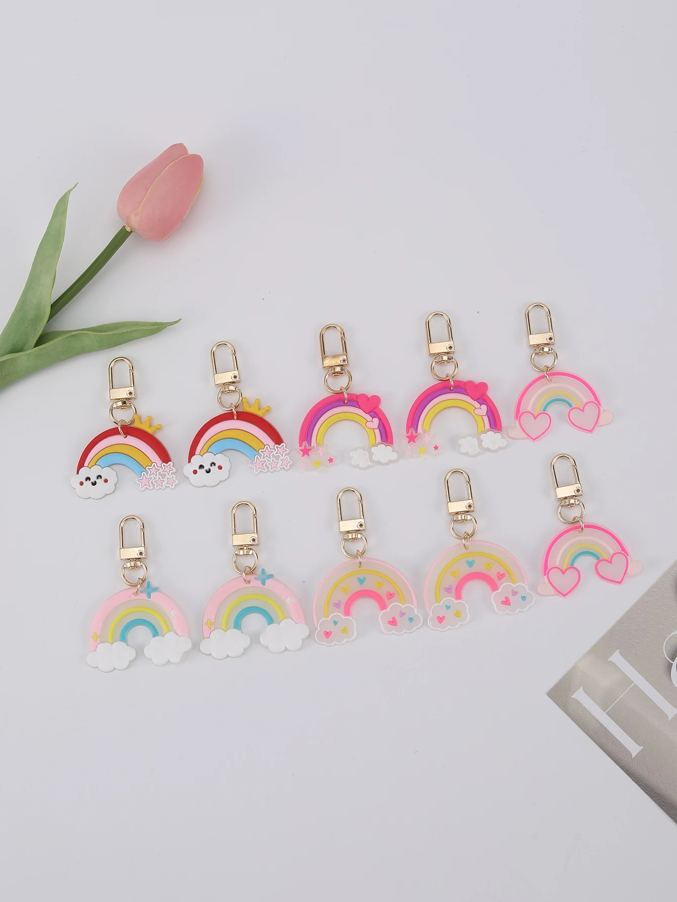 10pcs PVC Rainbow Keychain Cartoon Rainbow Cloud Key Chain Bag purse Backpack Charm Birthday Party Favor ornament Accessories