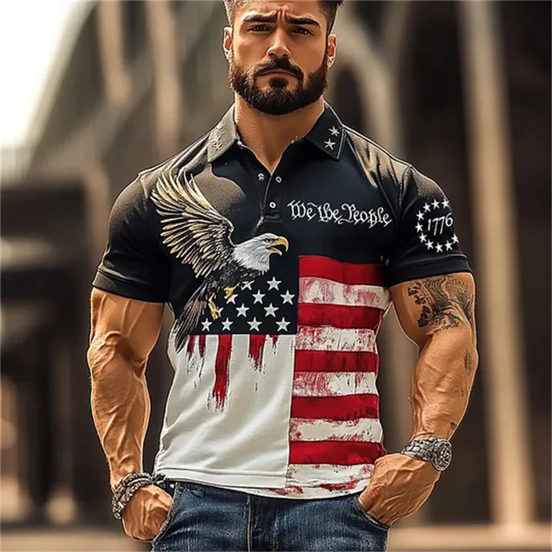 

Men's retro Independence Day flag print polo shirt with eagle printed on it, Ma'an polo shirt, casual, fashionable and comfortab