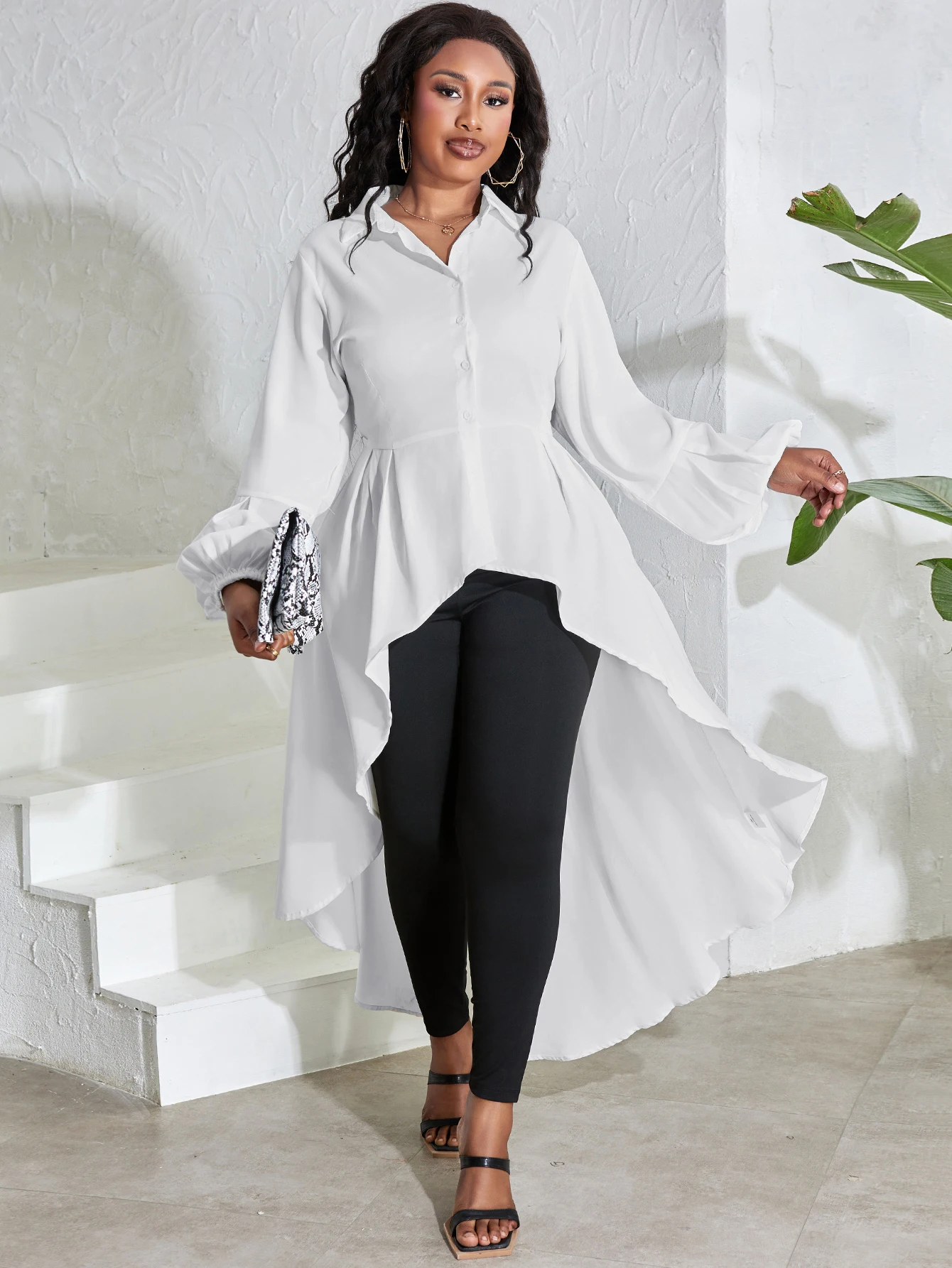 LW Plus Size Ammetrical A Line Blouse Dress Long Sleeve T-shirt Plain  Maxi Dresses Lapel Neck Button Elegant Office Vestidos