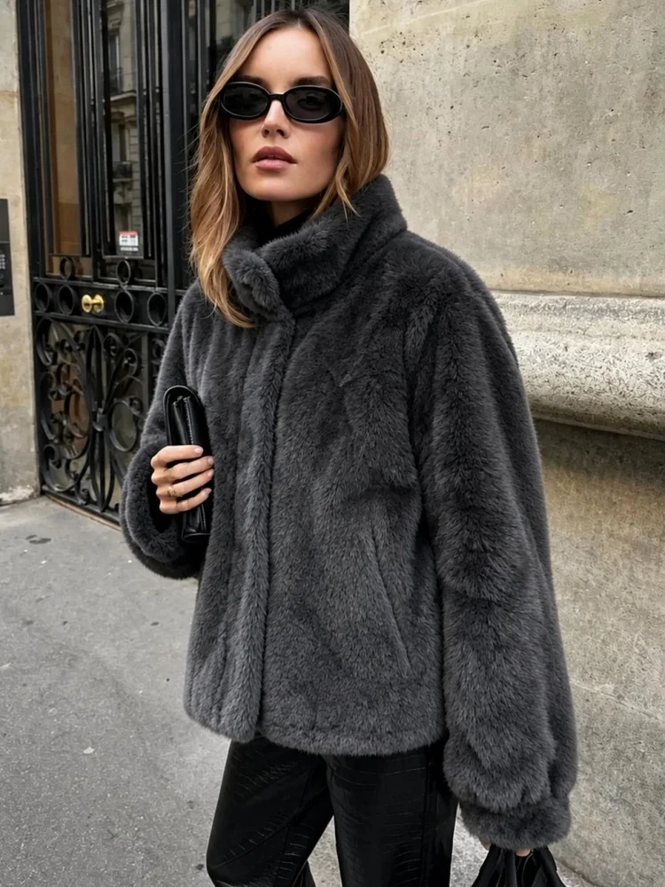 AACHOAE Women Faux Fur Jacket Winter Coat Stand Collar Long Sleeve Snap Button Warm Loose Casual Elegant Outerwear