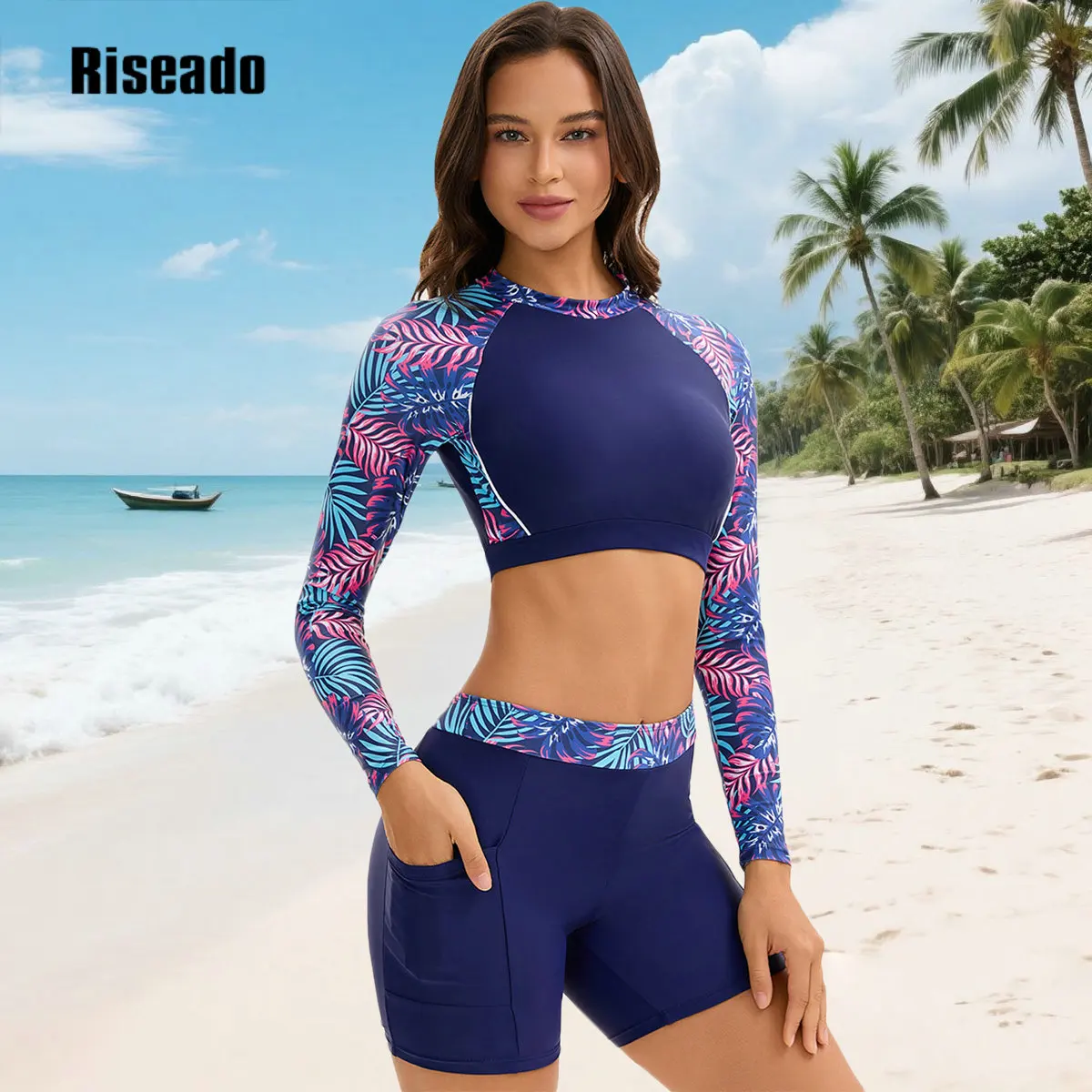 Riseado Womens Rash Guard Long Sleeve Swim Shirts Swimsuit 2025 Bathing Suit with Womens Swim Shorts & Two Pockets