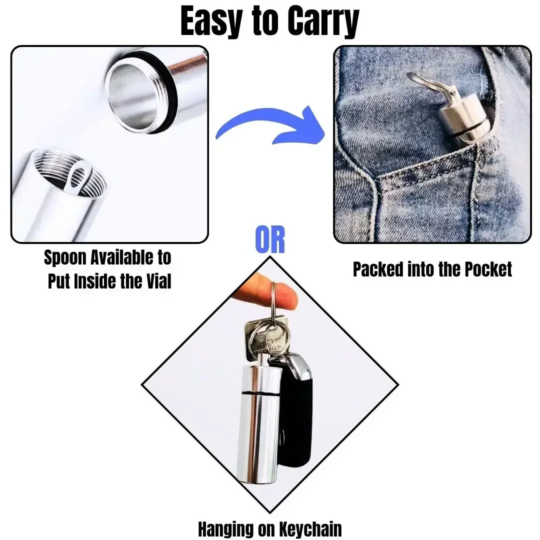 Portable Grinder and Black Metal Vial with Spoon and Funnel for Superfine Powder Despensing