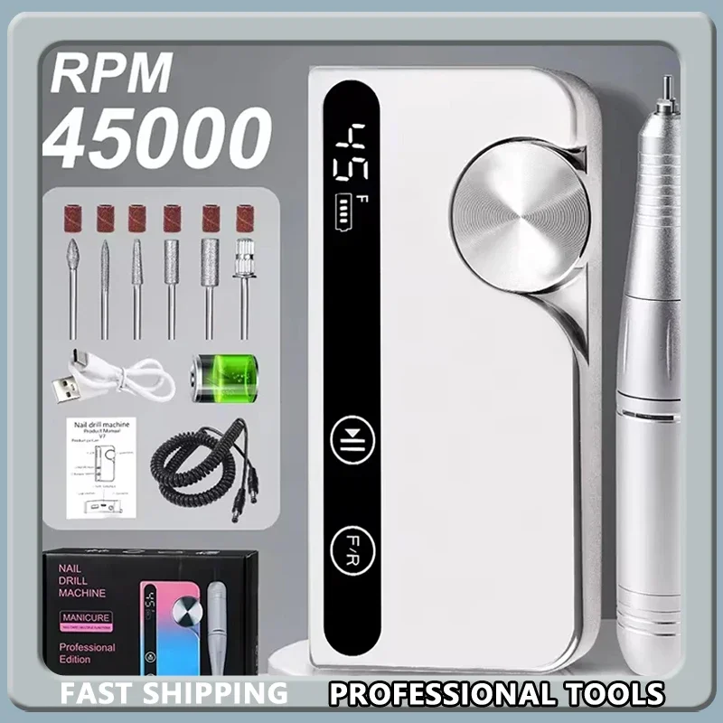 Trapano per unghie ricaricabile professionale da 45000 giri/min - Lucidatrice a basso rumore per smalto gel Strumento adatto per la cura delle unghie