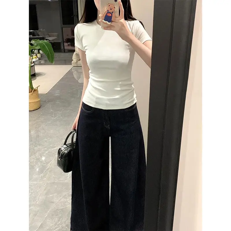 

ShoulderTSlim-fit shirt, casual summer women's clothing, short-sleeved, round-neck, pullover, elastic waisttShirt2025White