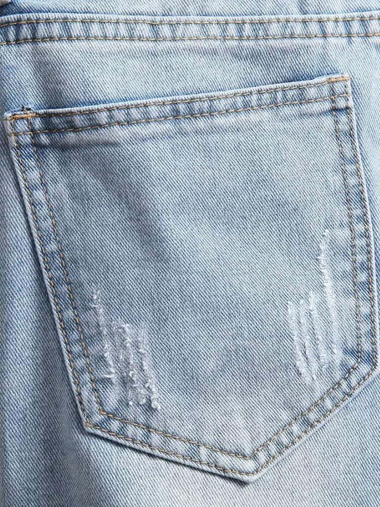 Light Blue Jeans Men Denim Shorts Summer Streetwear Lightweight Slim Fit Knee Length Pants