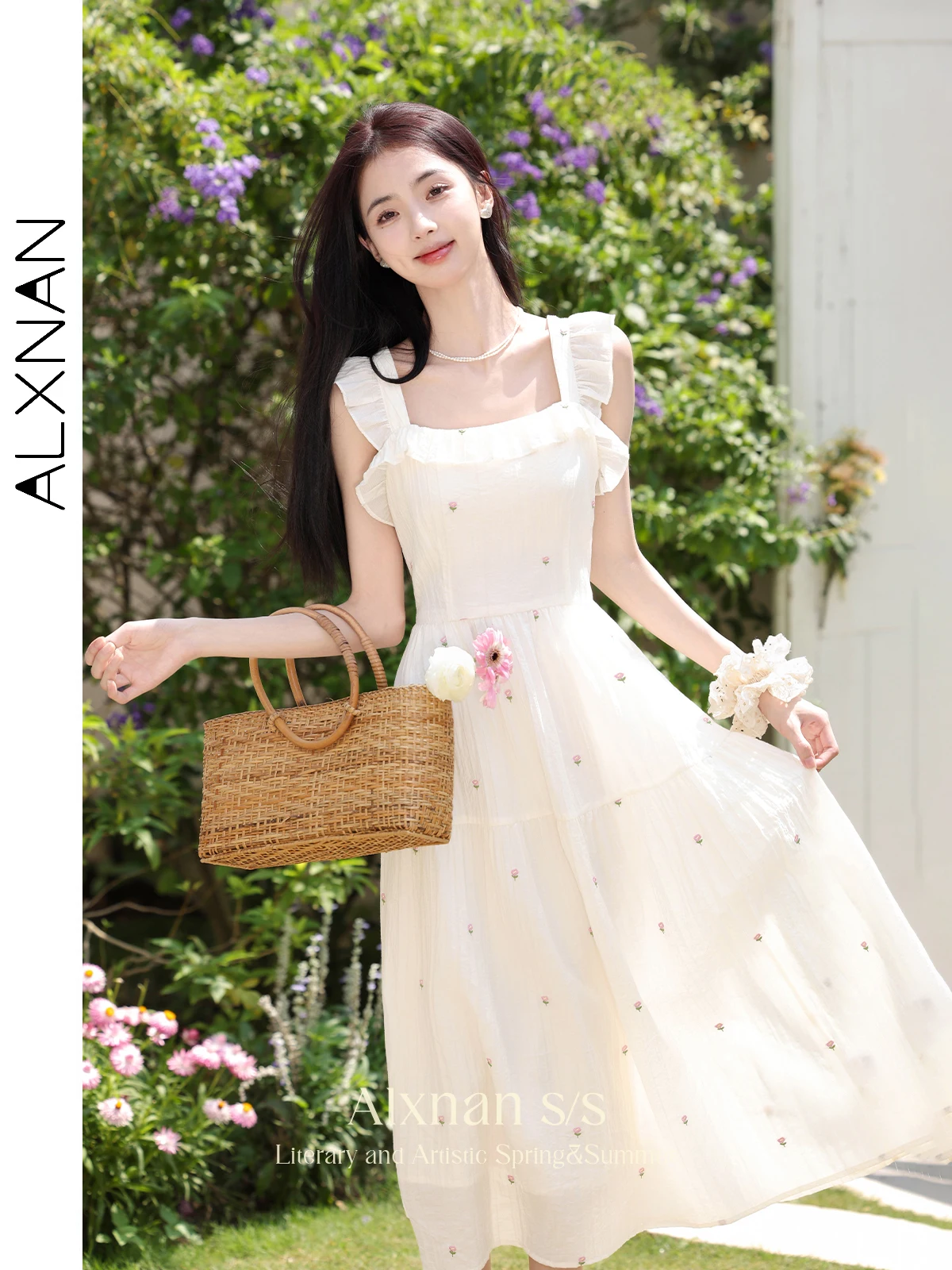 

ALXNAN Elegant Chic Women Dress 2024 Summer Clothes Woman Fairycore Fashion Ruffled Strap Floral A Line Midi Dresses L35366