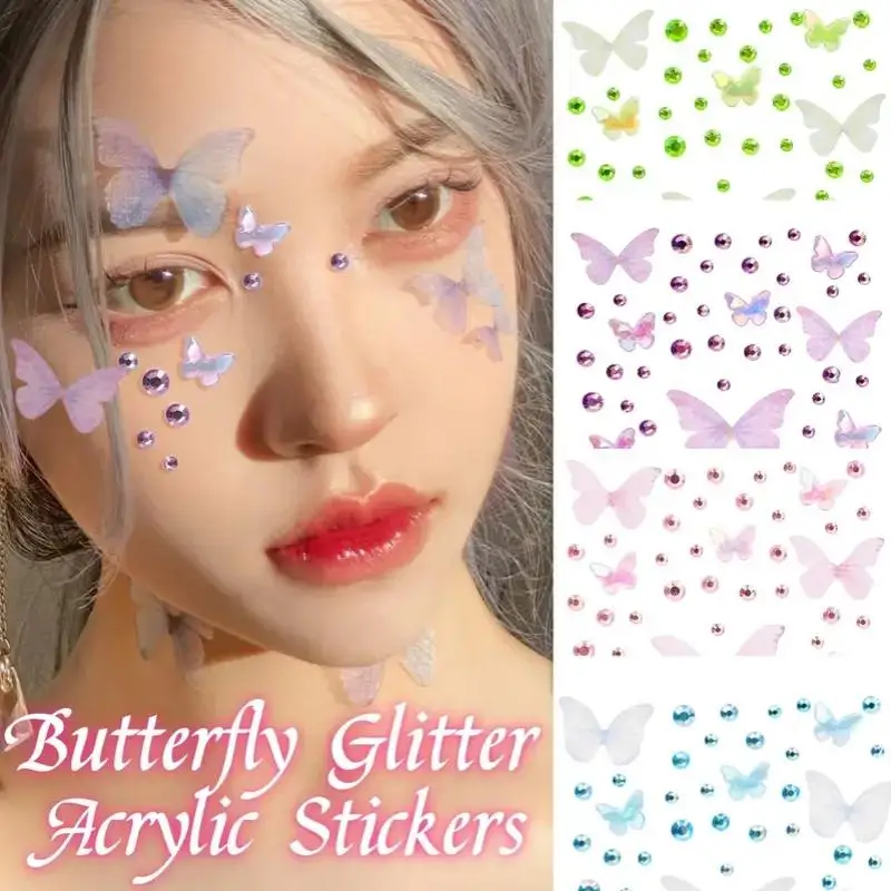1 Sheet Kawaii Self Adhesive Elf Butterfly Rhinestone Face Stickers Weaving Butterfly Decor For Stage Concert Makeup Supplies