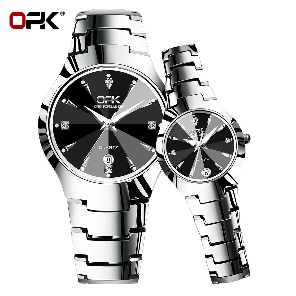 OPK Couple Watches For Lovers Rhombus Mirror Diamond Calendar Stainless steel Waterproof Wristwatch for Couple Reloj de pareja