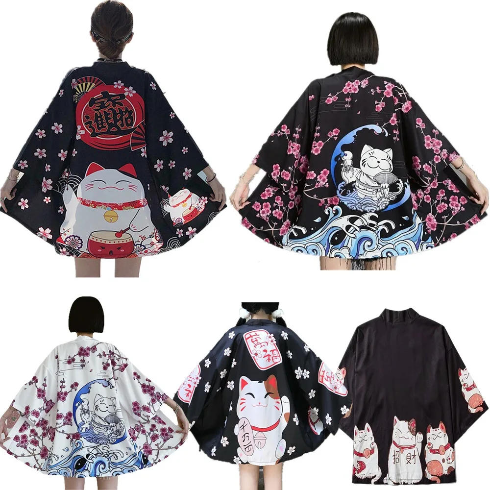 日本の男性と女性のための日本の猫のプリント着物,羽織ウタ,侍,伝統的な伝統的な服,原宿カーディガン,シャツ,コスプレ
