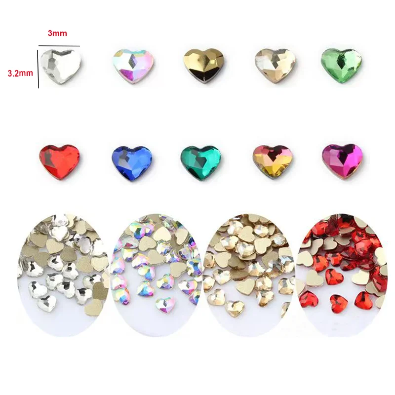 100pcs/Bag 3mm Fashion Heart Shape Tooth Gems Teeth Jewelry Glass Crystal Flat Bottom Diamond Ornaments Personalized Decoration