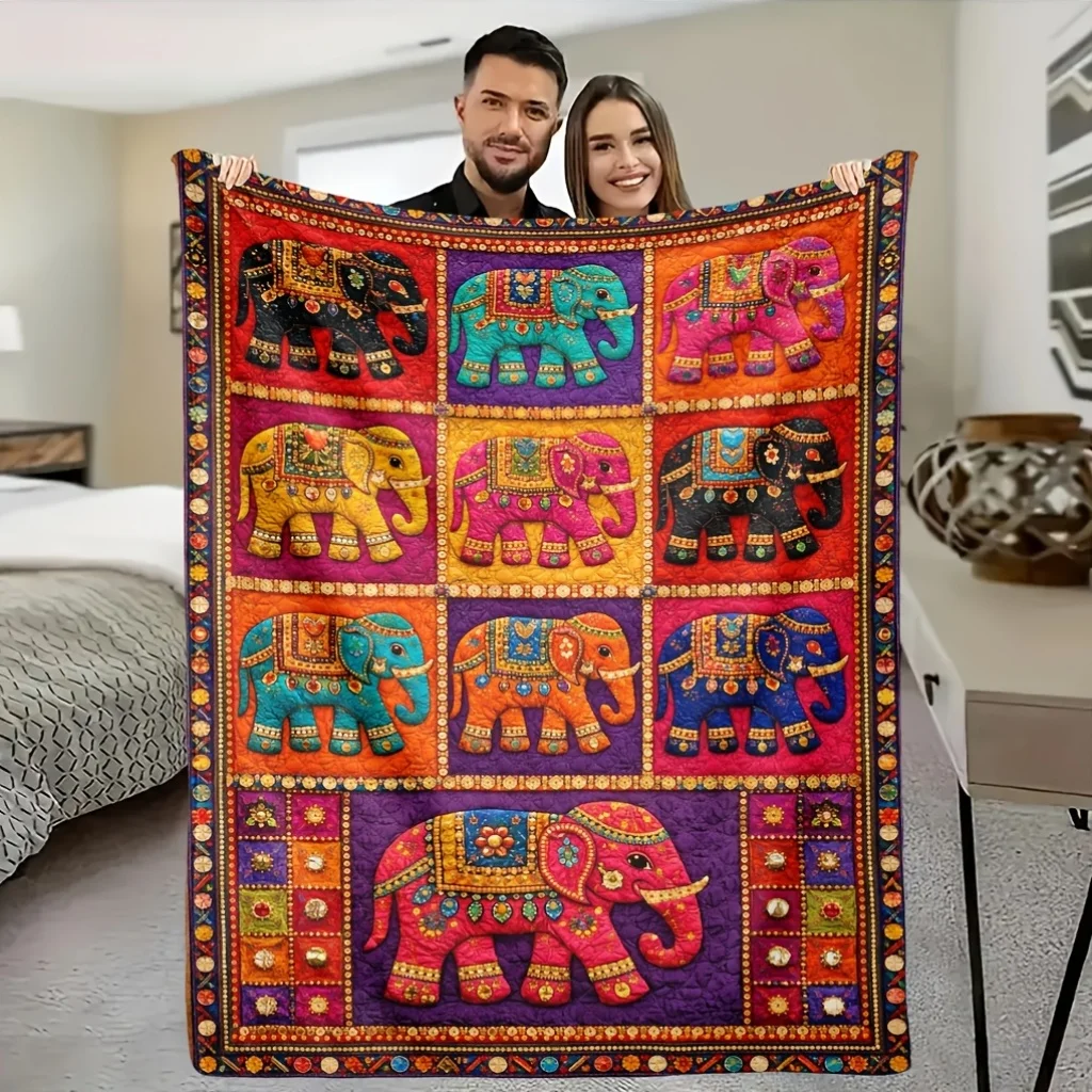 Indian Elephant Throw Blanket Bright Multi‑Color Elephant Block Pattern Print Soft Flannel Kids Room Sofa Lap Exotic Decor Gift