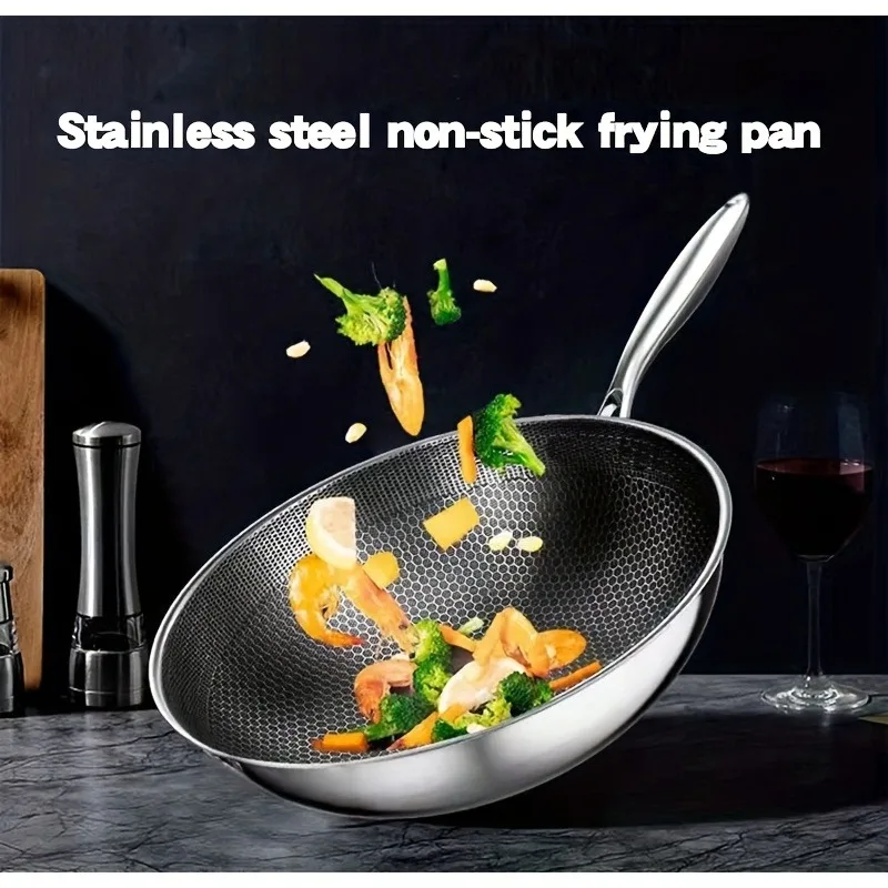 Non Stick Honeycomb Stainless Steel Wok Suitable for Gas Induction Cooker Cooking Easy Clean Salads Stir Fry Excellent Kitchen