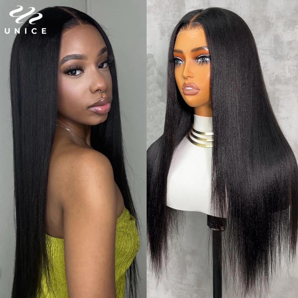 UNICE Hair 7x5 Yaki Straight Human Hair Wigs Pre Cut Pre Bleached Pre Plucked Glueless Wig Human Hair Ready To Wear 150% Density