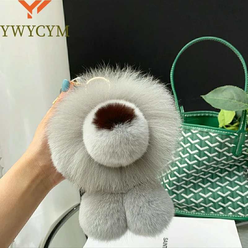 Luxury Real Rex Rabbit Fur Lion Pendant Keychain Women Cute Plush Doll Toy Kids Trinkets Bag Car Keyring Ornament Birthday Gift