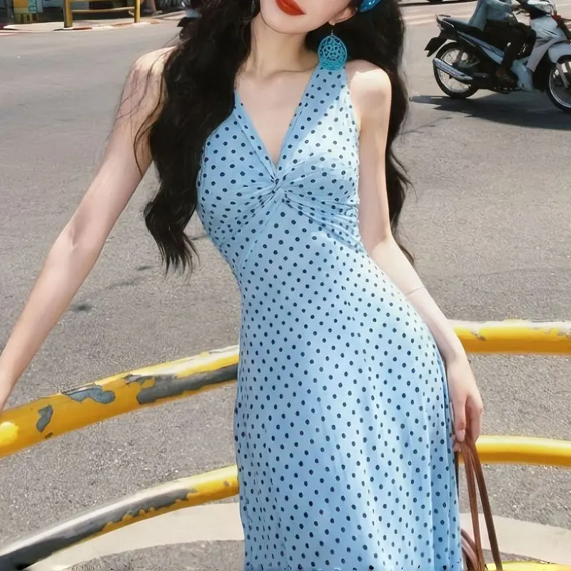Vacation French Style Polka Dot Long Dress Women's Clothing V-Neck Folds Summer Sleeveless Elegant Stylish Waist Bag Hip Dresses