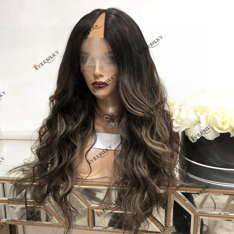 

Balayage Body Wave Indian Remy Hair V Part Wig for Women with Clips Glueless Full Machine Made 1x4 U Shape Wig Hair Extention