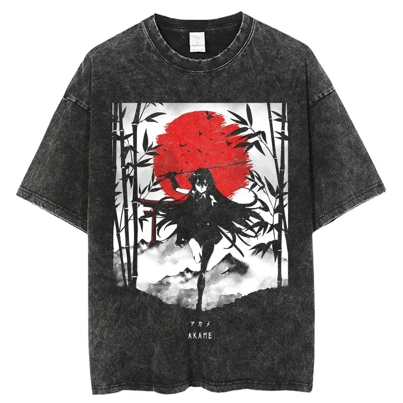 Vintage Washed T-shirt Akame Ga Kill Anime Akame Print Tee Men Women Streetwear Unisex Oversized Casual Short Sleeve Cotton Tops