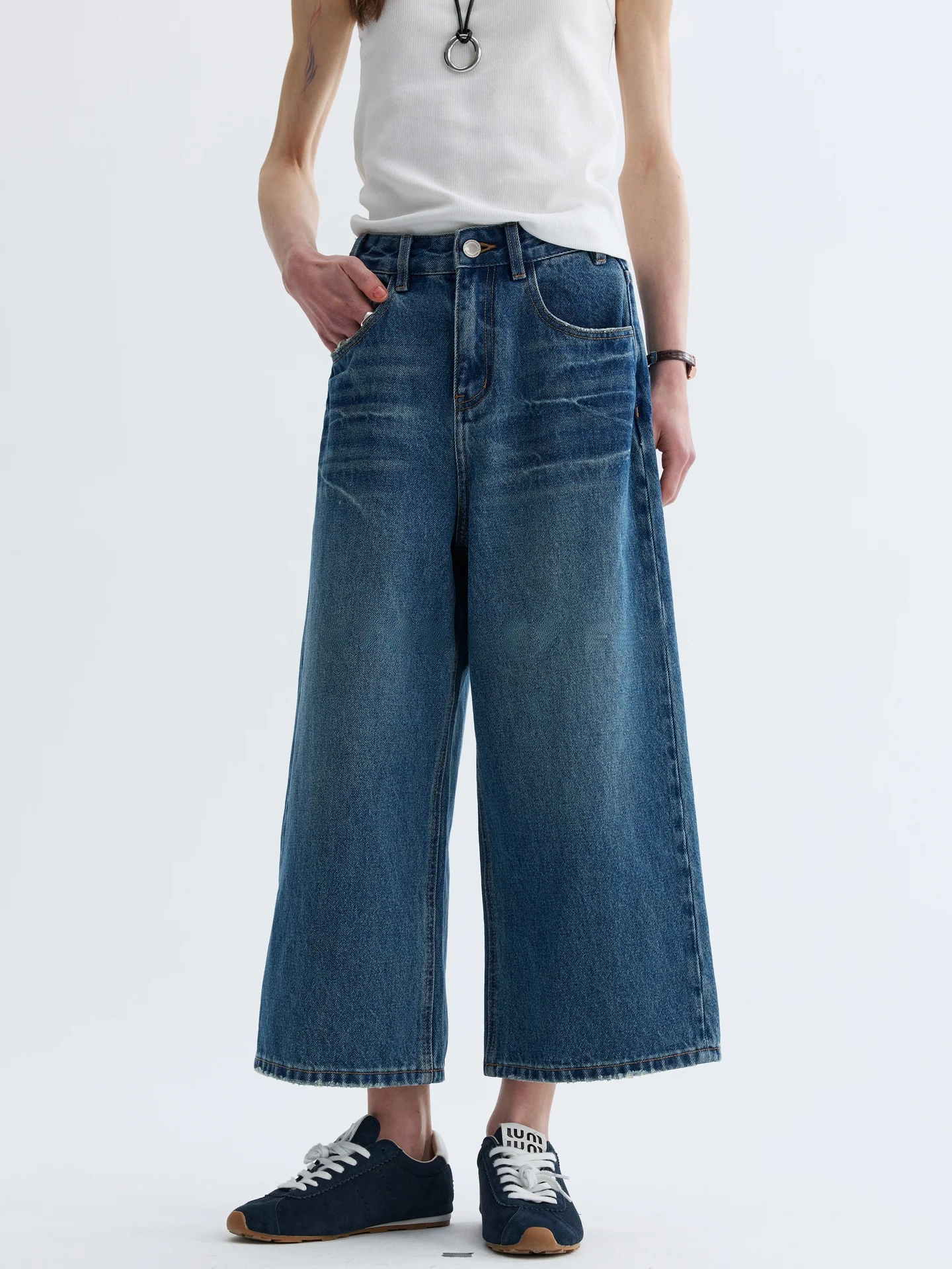 

VAJE High Waist Wide Leg Jeans Women's Spring Summer Fashion Worn Washed Vintage Casual Nine-Piece Jeans Loose Fit Ladies