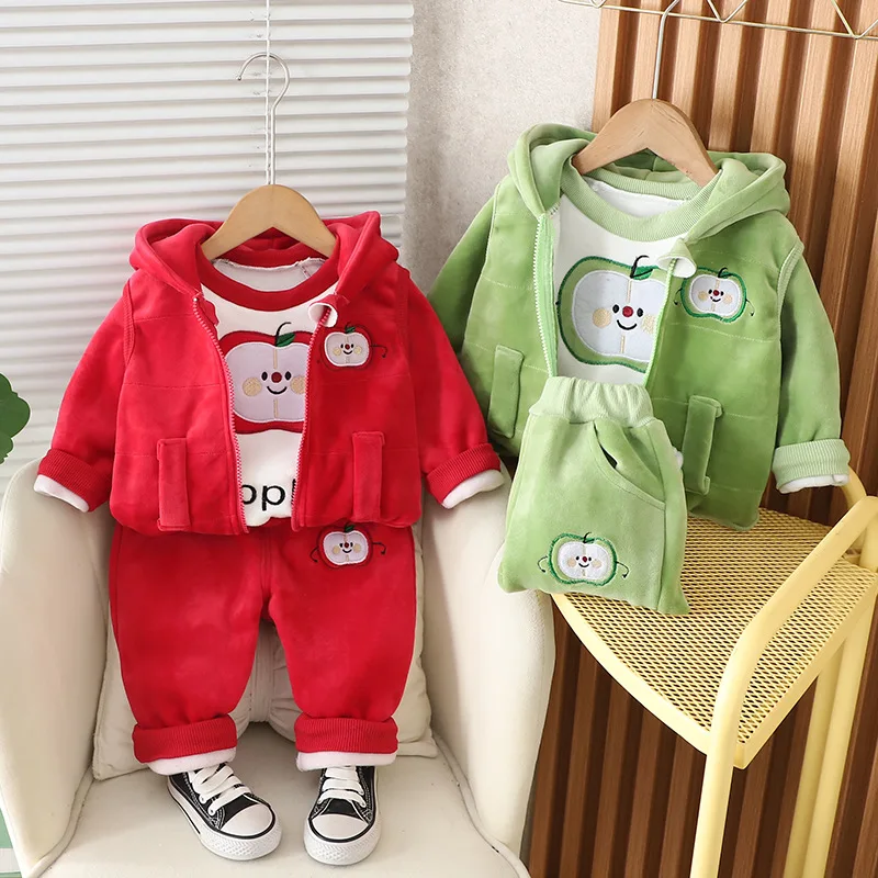 Flannel Thick Clothing Sets Winter Baby Boys Girls Plus Velvet Outfits Vest+Coat+Pants 3Pcs Children Warm Cartoon Sleepwear Suit