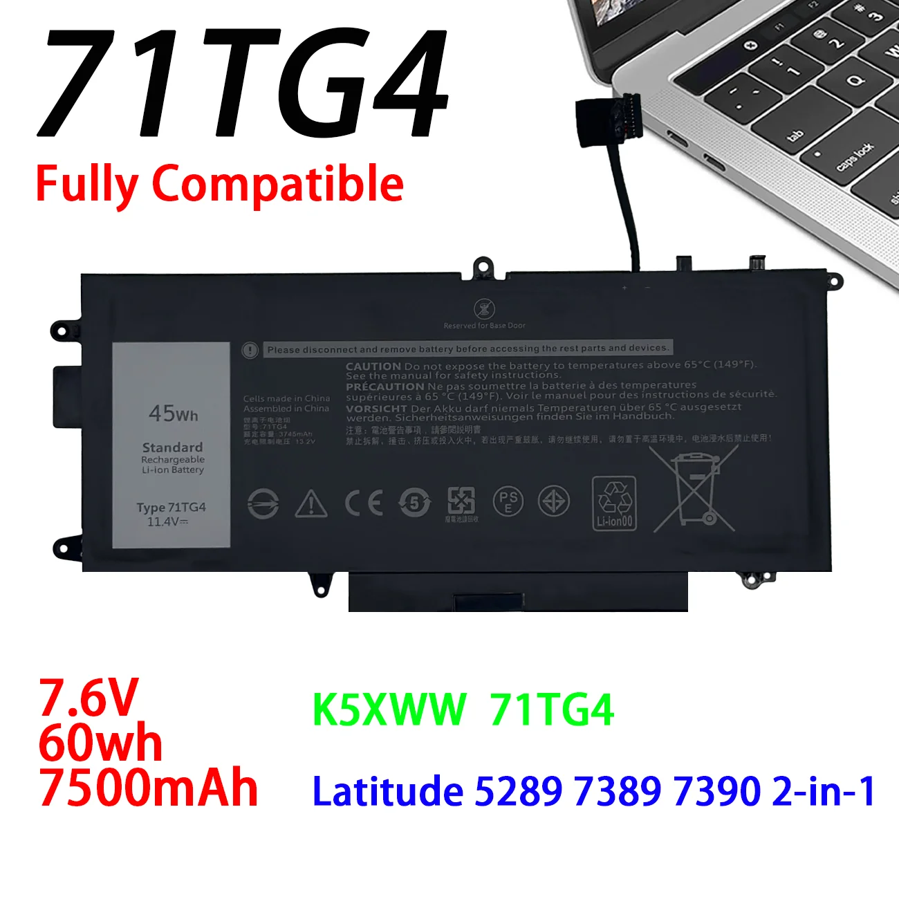 K5XWW 7200MAH Replacement Laptop Battery for Dell Latitude 13 7389 7390 2-in-1 5289 2-in-1 Series Competable  71TG4