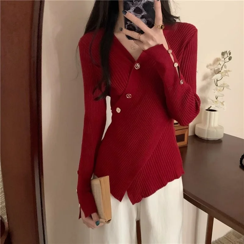 

Irregular Cross V-neck Long-sleeved Base Knitted Women's Autumn and Winter Design Waist-hugging Slim Sweater Underwear Top