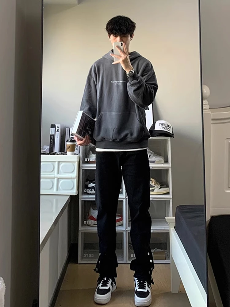 

Мужские джинсовые комбинезоны American Sle с низкой посадкой, прямые штанины, на молнии, износостойкие, для подростков, весенняя мода, дизайн в стиле High Street