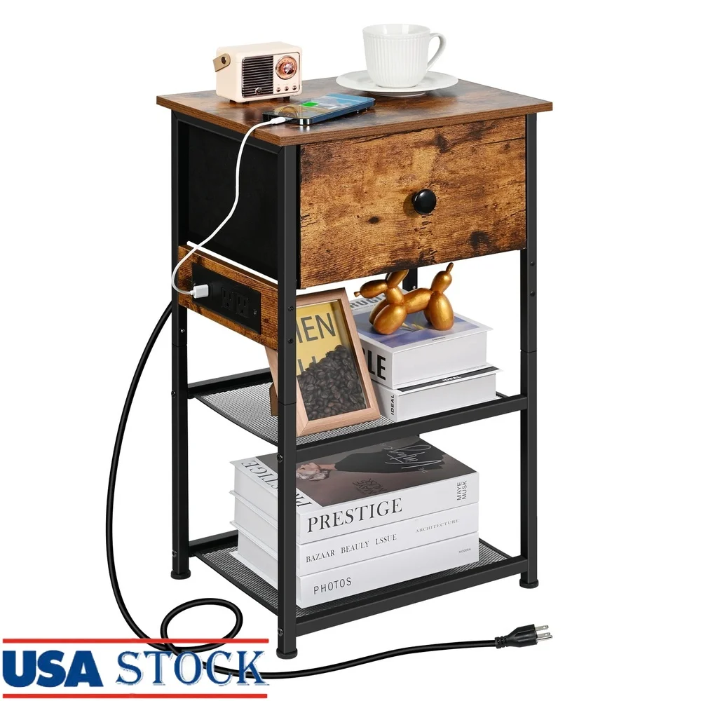 

Modern Nightstand with Charging Station 2 Shelves Fabric Drawer End Table Sofa Bed Side Table Rustic Design Storage Solutions