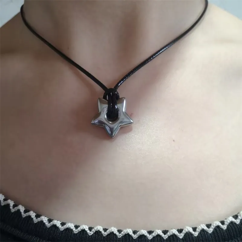 Hollow Titanium Steel Chunky Star Pentagram Flower Pendant Necklace For Women Men Black Rope Chain Choker Y2k Punk Edgy Jewelry