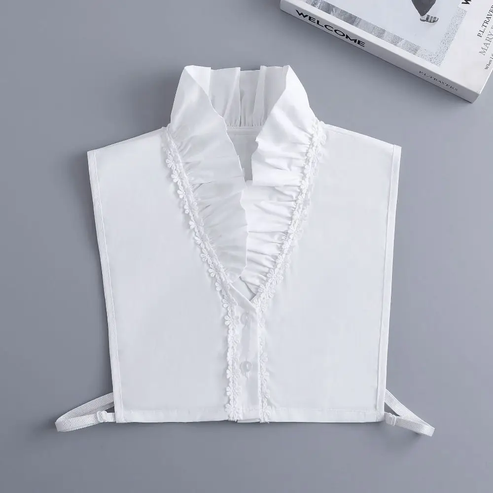 White Detachable Fake Collar Ruffle Pleated Lotus Leaf Adjustable Neckline Hollow Out V-shaped Fake Sleeve Scarf Accessories